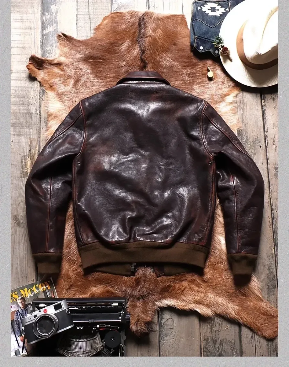 Men’s Heavy Luxury A2 Bomber Jacket – 1.6mm Thick Tanned Cowhide Leather, Vintage Brown Real Leather Air Force Coat - Image 3