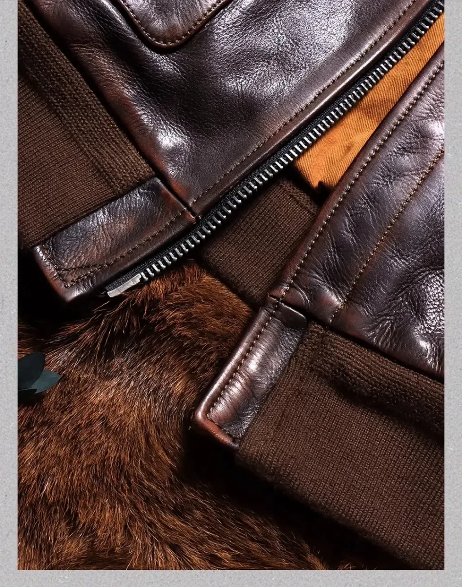 Men’s Heavy Luxury A2 Bomber Jacket – 1.6mm Thick Tanned Cowhide Leather, Vintage Brown Real Leather Air Force Coat - Image 5