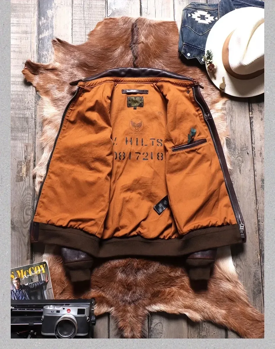 Men’s Heavy Luxury A2 Bomber Jacket – 1.6mm Thick Tanned Cowhide Leather, Vintage Brown Real Leather Air Force Coat - Image 2