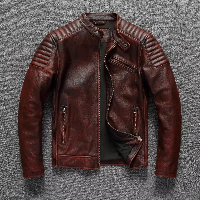 Men’s Retro Reddish Brown Genuine Cowhide Motorcycle Jacket – Slim Short Biker Coat, Vintage Top Layer Leather, High-Quality Cycling Outerwear - Image 6