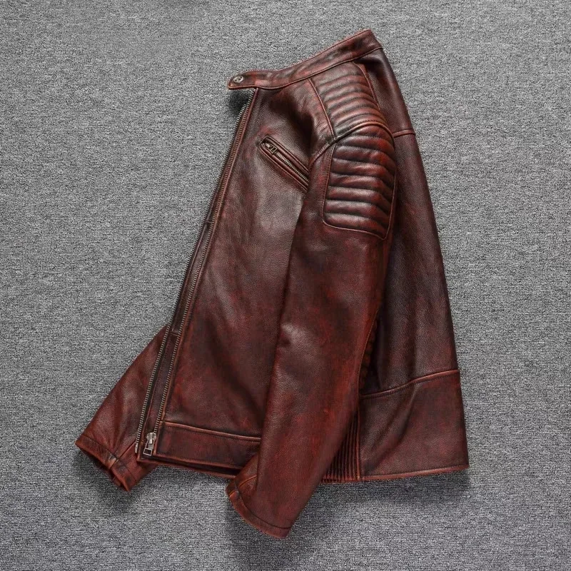 Men’s Retro Reddish Brown Genuine Cowhide Motorcycle Jacket – Slim Short Biker Coat, Vintage Top Layer Leather, High-Quality Cycling Outerwear - Image 3