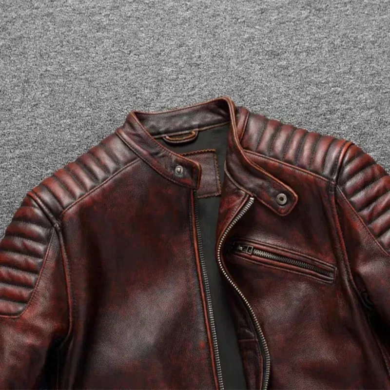 Men’s Retro Reddish Brown Genuine Cowhide Motorcycle Jacket – Slim Short Biker Coat, Vintage Top Layer Leather, High-Quality Cycling Outerwear - Image 4