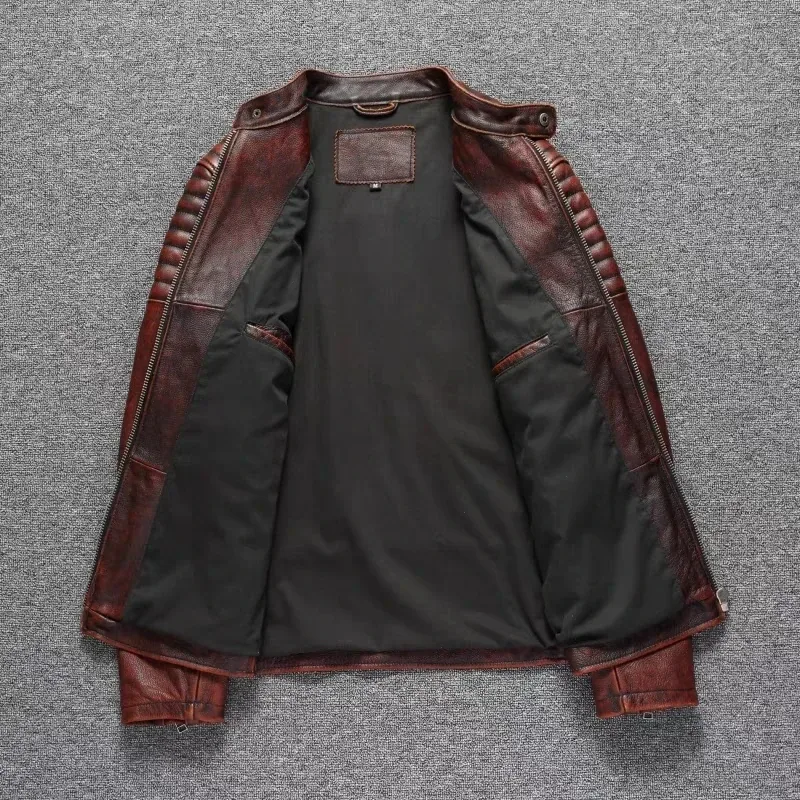 Men’s Retro Reddish Brown Genuine Cowhide Motorcycle Jacket – Slim Short Biker Coat, Vintage Top Layer Leather, High-Quality Cycling Outerwear - Image 2