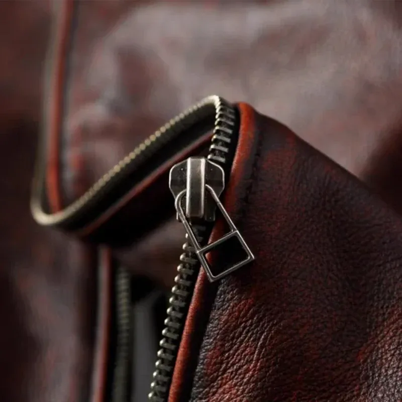 Men’s Retro Reddish Brown Genuine Cowhide Motorcycle Jacket – Slim Short Biker Coat, Vintage Top Layer Leather, High-Quality Cycling Outerwear - Image 5