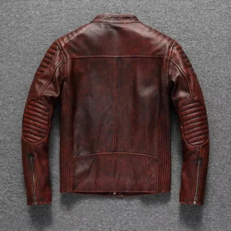Men’s Retro Reddish Brown Genuine Cowhide Motorcycle Jacket – Slim Short Biker Coat, Vintage Top Layer Leather, High-Quality Cycling Outerwear