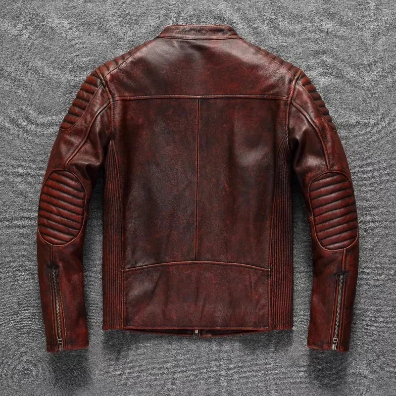 Men’s Retro Reddish Brown Genuine Cowhide Motorcycle Jacket – Slim Short Biker Coat, Vintage Top Layer Leather, High-Quality Cycling Outerwear