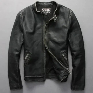 Men’s Genuine Leather Motorcycle Jacket – Slim Vintage Cowhide Short Coat, Fashion Sheepskin Outerwear