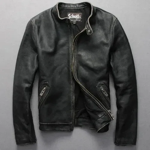 Men’s Genuine Leather Motorcycle Jacket – Slim Vintage Cowhide Short Coat, Fashion Sheepskin Outerwear