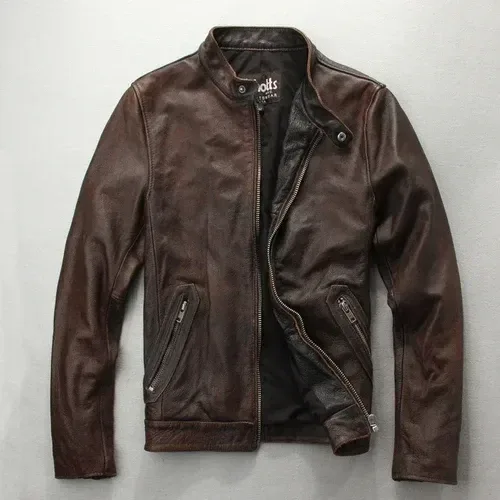 Men’s Genuine Leather Motorcycle Jacket – Slim Vintage Cowhide Short Coat, Fashion Sheepskin Outerwear - Image 4