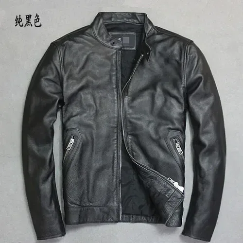 Men’s Genuine Leather Motorcycle Jacket – Slim Vintage Cowhide Short Coat, Fashion Sheepskin Outerwear - Image 2