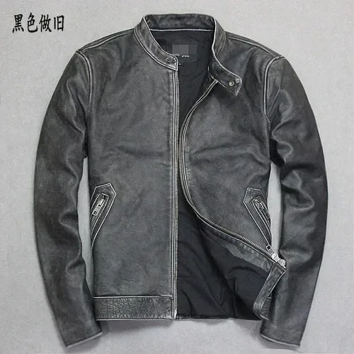 Men’s Genuine Leather Motorcycle Jacket – Slim Vintage Cowhide Short Coat, Fashion Sheepskin Outerwear - Image 5