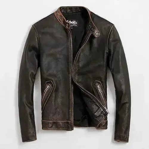 Men’s Genuine Leather Motorcycle Jacket – Slim Vintage Cowhide Short Coat, Fashion Sheepskin Outerwear - Image 3
