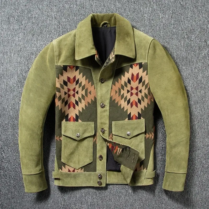Men’s Vintage Green Suede Leather Jacket – Casual Genuine Cowhide Coat with Canvas Stitching, 2025 Quality Fashion Brand Outerwear - Image 3