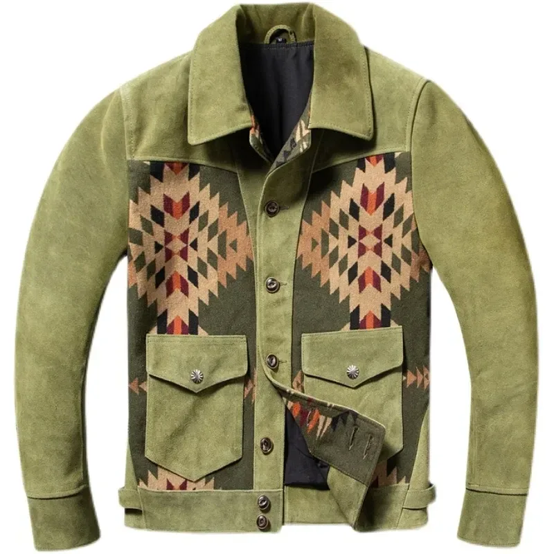 Men’s Vintage Green Suede Leather Jacket – Casual Genuine Cowhide Coat with Canvas Stitching, 2025 Quality Fashion Brand Outerwear - Image 8