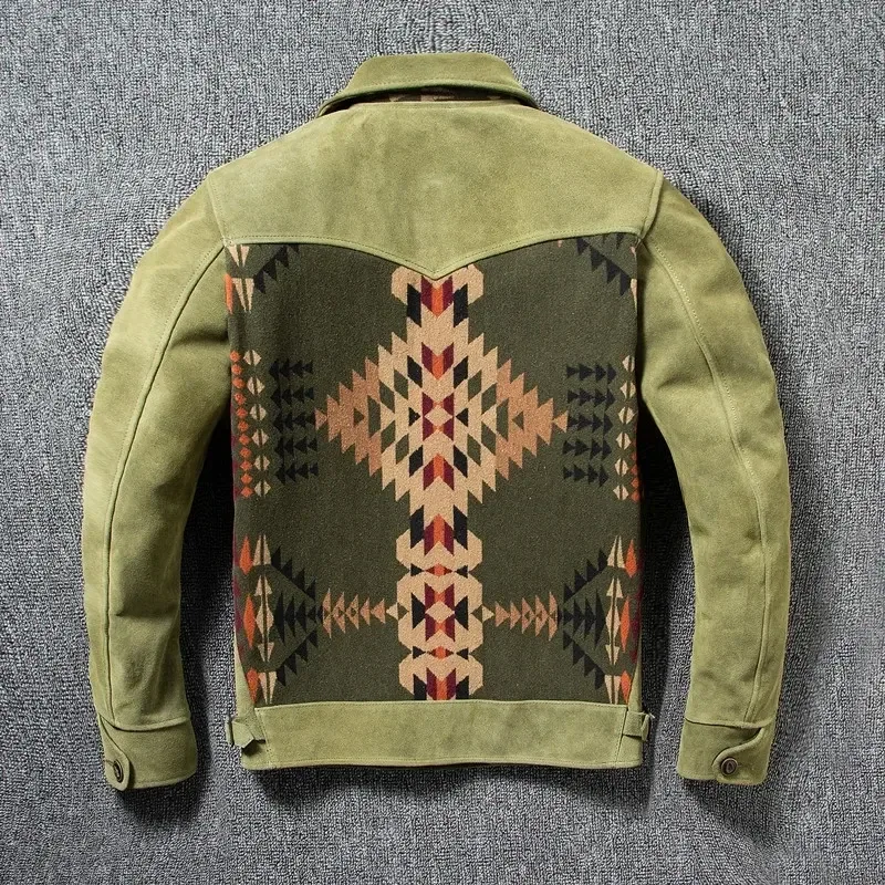 Men’s Vintage Green Suede Leather Jacket – Casual Genuine Cowhide Coat with Canvas Stitching, 2025 Quality Fashion Brand Outerwear - Image 5
