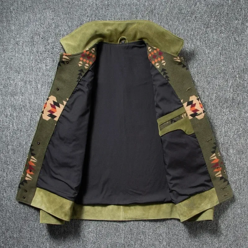 Men’s Vintage Green Suede Leather Jacket – Casual Genuine Cowhide Coat with Canvas Stitching, 2025 Quality Fashion Brand Outerwear - Image 4