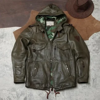 Men’s Luxury Goatskin Leather Hoodie – Heavy Real Goat Leather Vintage Army Green Hunting Jacket, Classic Outdoor Adventure Coat