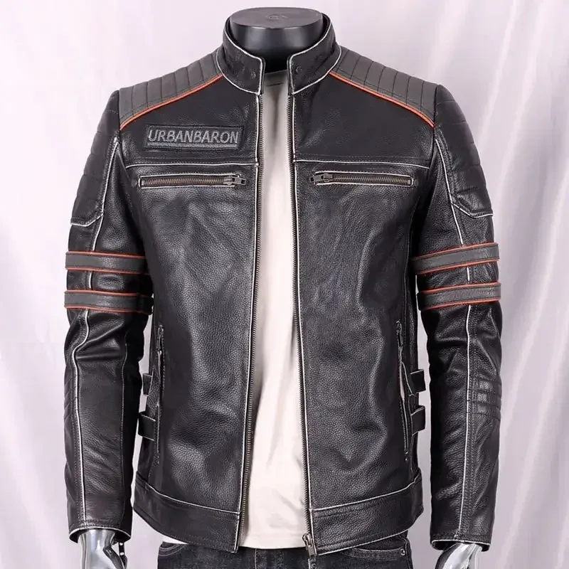 Men’s Genuine Cowhide Leather Jacket – Skull Embroidery Harley Motorcycle Coat, Short Stand Collar Biker Outerwear - Image 3