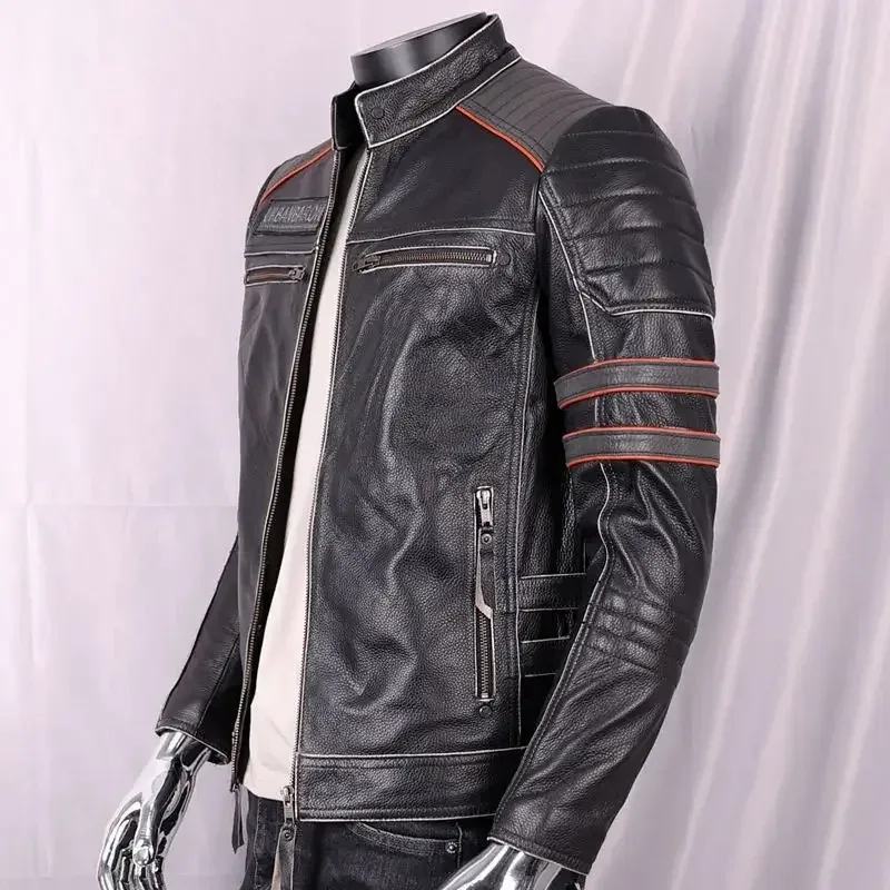 Men’s Genuine Cowhide Leather Jacket – Skull Embroidery Harley Motorcycle Coat, Short Stand Collar Biker Outerwear - Image 4