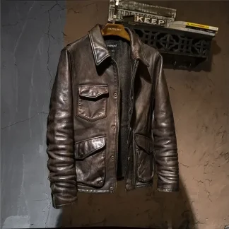Luxury Men’s Vintage Brown Horsehide Leather Jacket – Genuine Leather Winter Coat, Premium Quality Outerwear