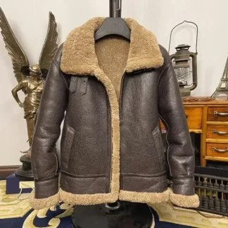 Men’s B3 Bomber Shearling Jacket – 100% Real Sheepskin Leather Coat with Natural Wool Lining, Thick Winter Warm Genuine Fur Outerwear