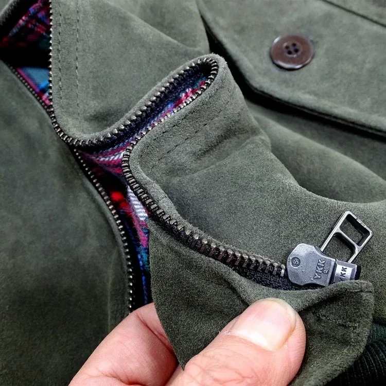 Men’s Genuine Cow Suede Leather Jacket – Short Winter Autumn Coat, Army Green - Image 4
