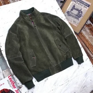 Men’s Genuine Cow Suede Leather Jacket – Short Winter Autumn Coat, Army Green