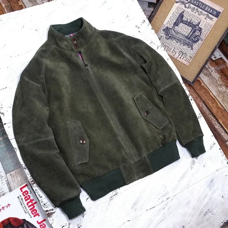 Men’s Genuine Cow Suede Leather Jacket – Short Winter Autumn Coat, Army Green