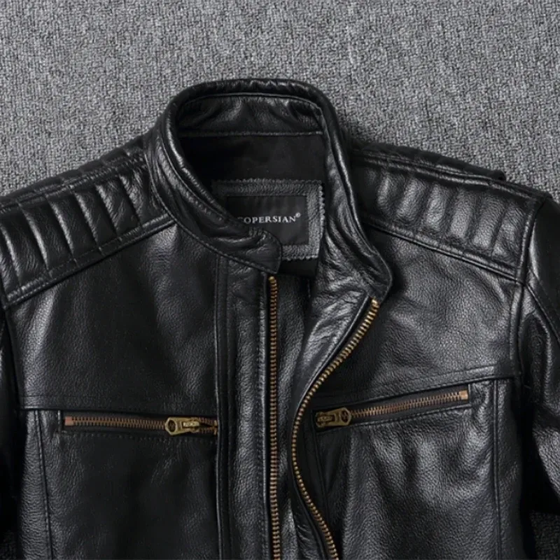 Men’s Genuine Cowhide Leather Motorcycle Jacket – Vintage Biker Stand Collar Coat, Top Layer Leather, Asian Size - Image 4