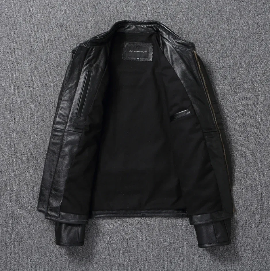 Men’s Genuine Cowhide Leather Motorcycle Jacket – Vintage Biker Stand Collar Coat, Top Layer Leather, Asian Size - Image 2