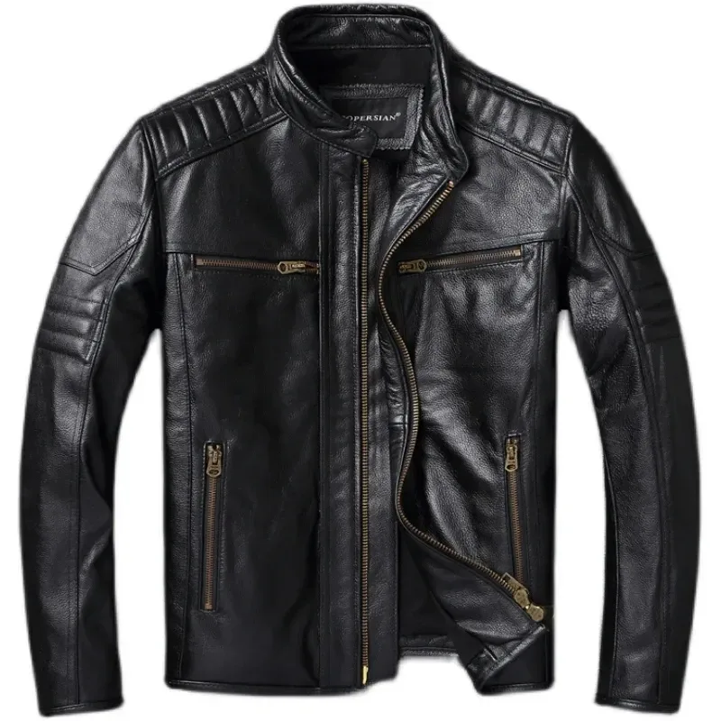 Men’s Genuine Cowhide Leather Motorcycle Jacket – Vintage Biker Stand Collar Coat, Top Layer Leather, Asian Size - Image 6