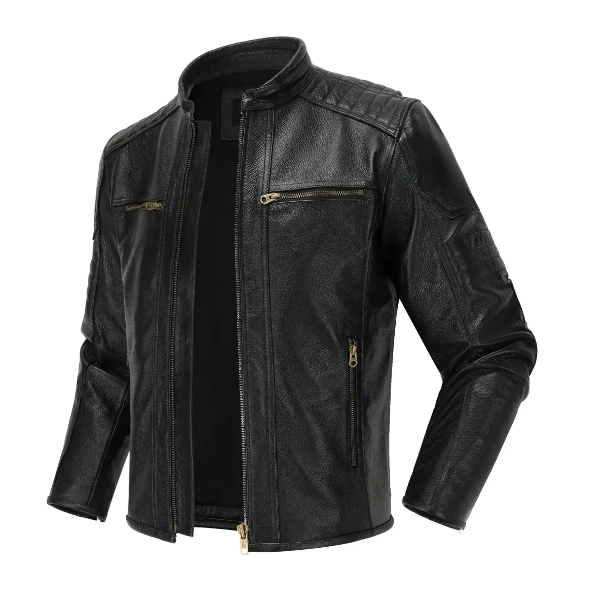 Men’s Genuine Cowhide Leather Motorcycle Jacket – Vintage Biker Stand Collar Coat, Top Layer Leather, Asian Size - Image 3