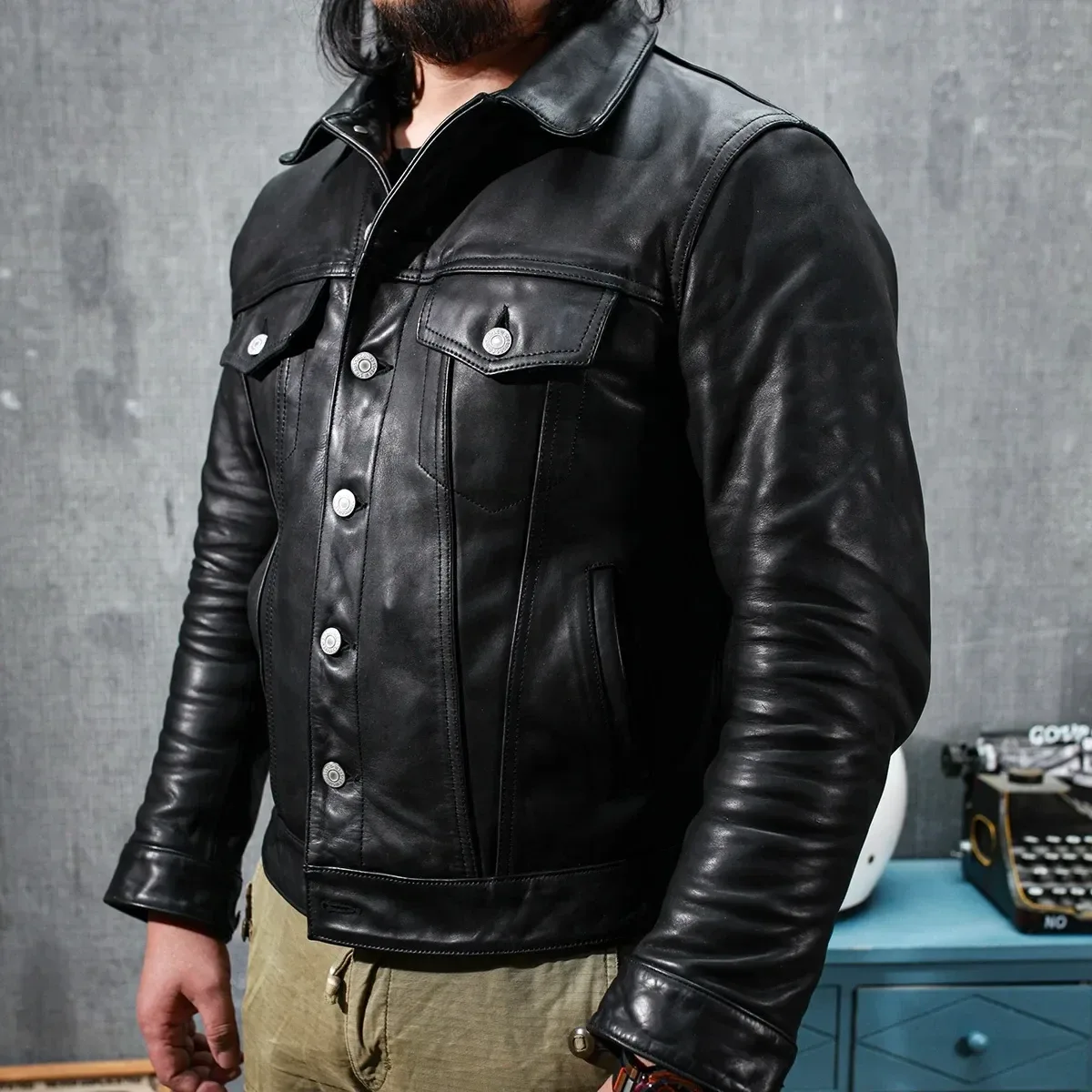 Men’s Italian Veg-Tanned Cowhide Leather Jacket – Slim Fit, Classic Durable Genuine Leather Coat, Asian Size, Premium Quality - Image 3