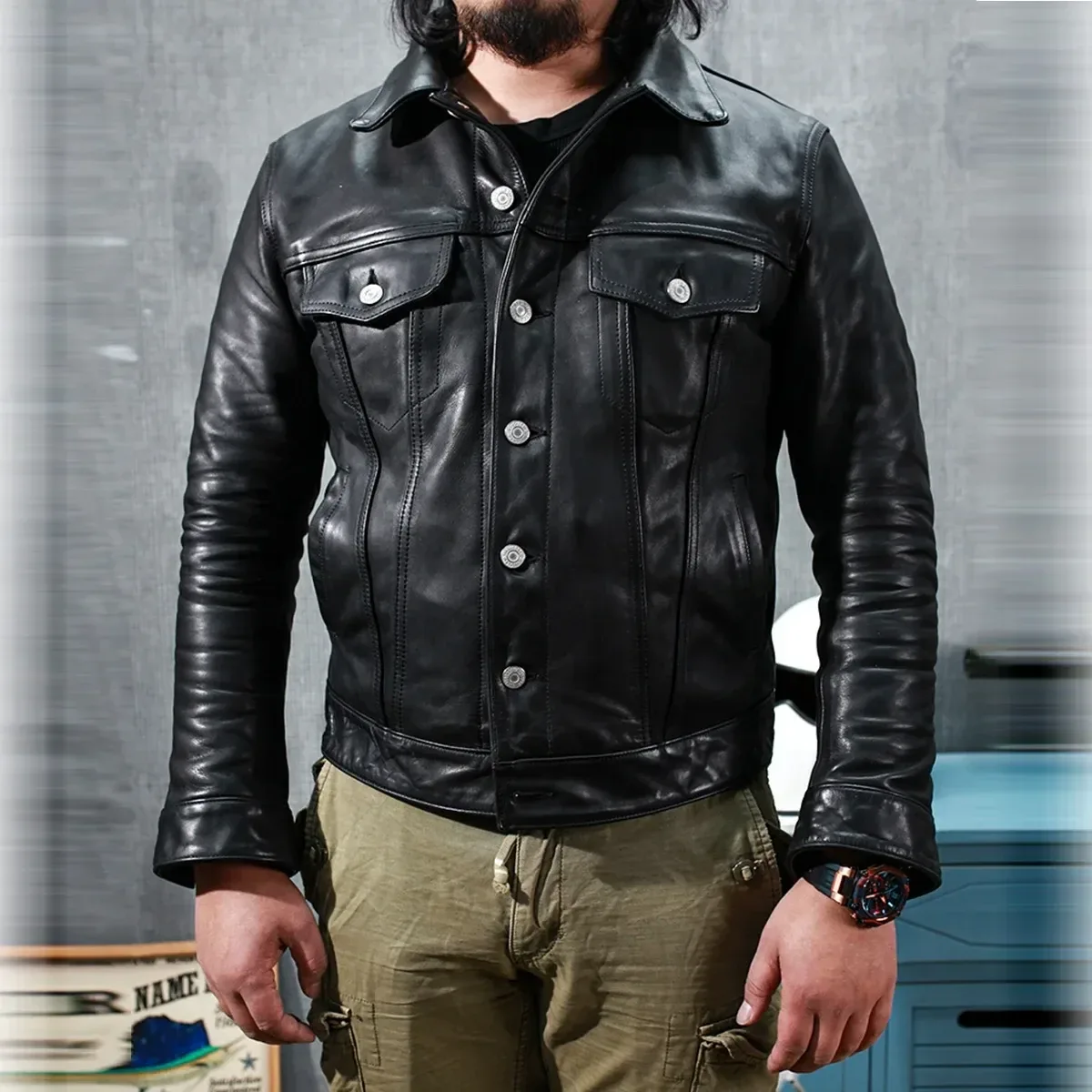 Men’s Italian Veg-Tanned Cowhide Leather Jacket – Slim Fit, Classic Durable Genuine Leather Coat, Asian Size, Premium Quality - Image 2