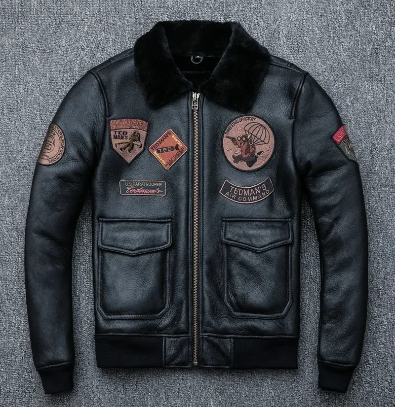 Men’s Winter Shearling Bomber Jacket – 100% Real Sheepskin Leather Flight Coat, 8-Patch Design, Warm Lining, Asian Size - Image 4