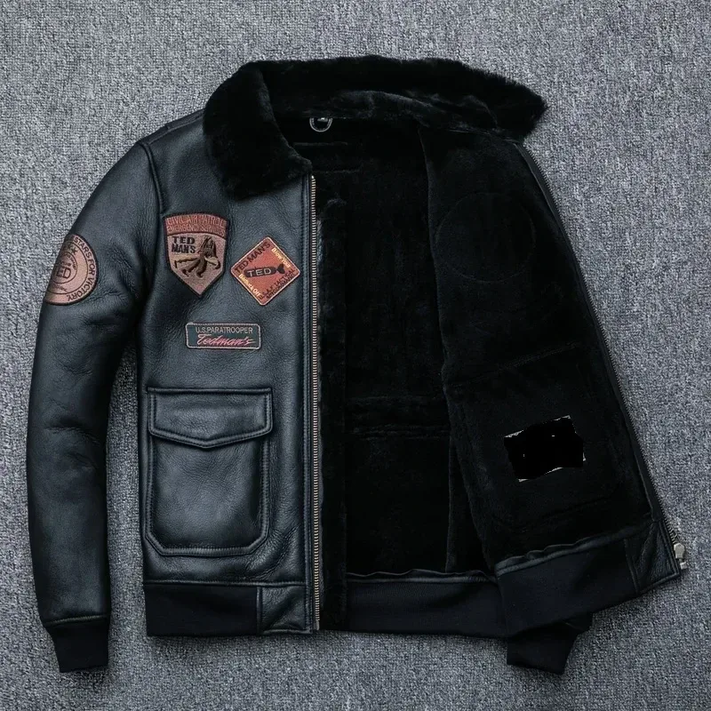 Men’s Winter Shearling Bomber Jacket – 100% Real Sheepskin Leather Flight Coat, 8-Patch Design, Warm Lining, Asian Size - Image 3