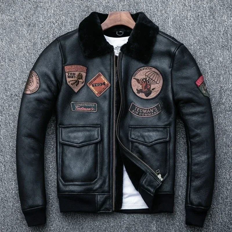Men’s Winter Shearling Bomber Jacket – 100% Real Sheepskin Leather Flight Coat, 8-Patch Design, Warm Lining, Asian Size - Image 5