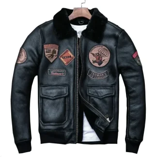 Men’s Winter Shearling Bomber Jacket – 100% Real Sheepskin Leather Flight Coat, 8-Patch Design, Warm Lining, Asian Size