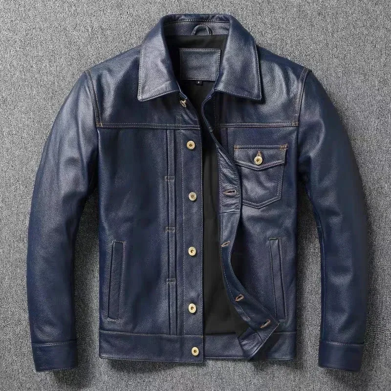 Men’s Navy Blue Genuine Cowhide Leather Jacket – Short Slim Fit Retro Motorcycle Lapel Coat, Classic Top Layer Real Leather Outerwear - Image 6