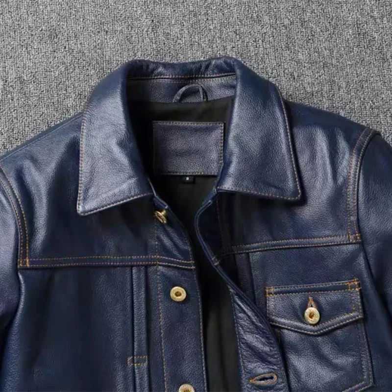 Men’s Navy Blue Genuine Cowhide Leather Jacket – Short Slim Fit Retro Motorcycle Lapel Coat, Classic Top Layer Real Leather Outerwear - Image 4