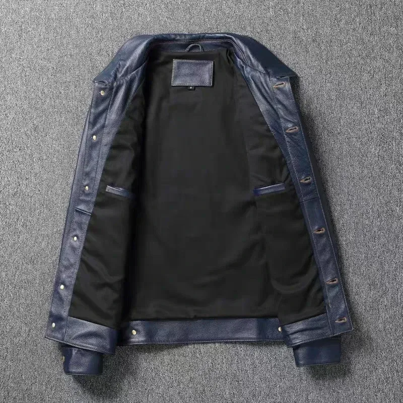 Men’s Navy Blue Genuine Cowhide Leather Jacket – Short Slim Fit Retro Motorcycle Lapel Coat, Classic Top Layer Real Leather Outerwear - Image 2