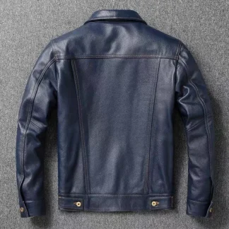 Men’s Navy Blue Genuine Cowhide Leather Jacket – Short Slim Fit Retro Motorcycle Lapel Coat, Classic Top Layer Real Leather Outerwear