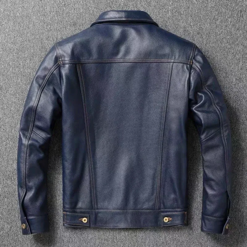 Men’s Navy Blue Genuine Cowhide Leather Jacket – Short Slim Fit Retro Motorcycle Lapel Coat, Classic Top Layer Real Leather Outerwear