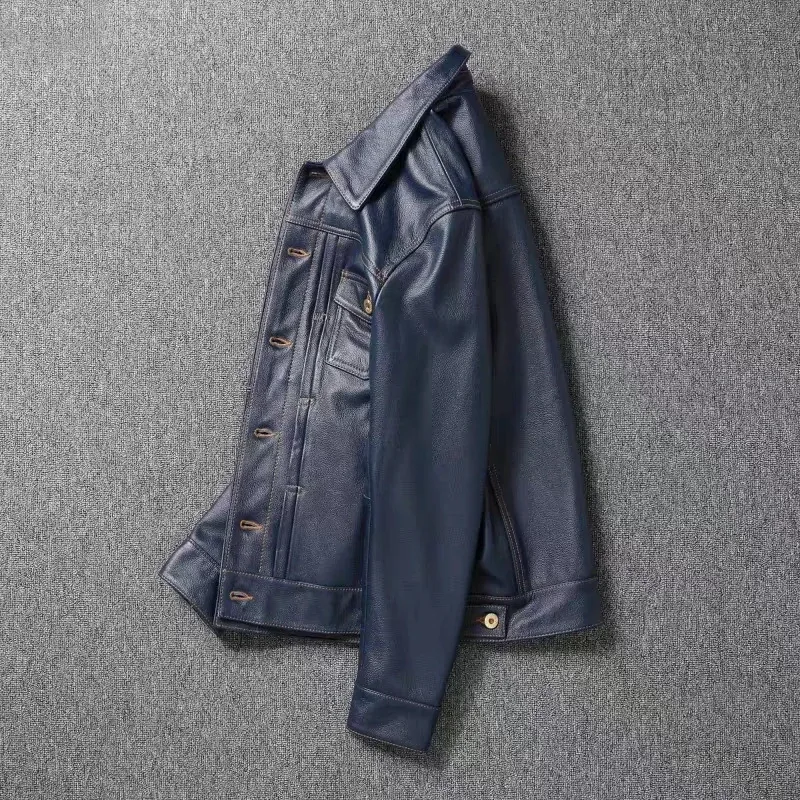 Men’s Navy Blue Genuine Cowhide Leather Jacket – Short Slim Fit Retro Motorcycle Lapel Coat, Classic Top Layer Real Leather Outerwear - Image 3
