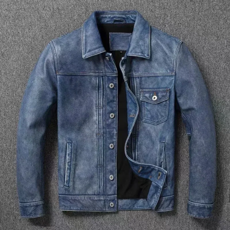 Men’s Navy Blue Genuine Cowhide Leather Jacket – Short Slim Fit Retro Motorcycle Lapel Coat, Classic Top Layer Real Leather Outerwear - Image 7
