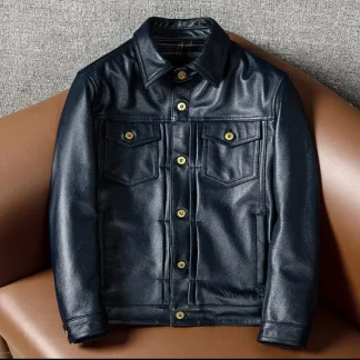 Men’s Blue Genuine Calfskin Leather Jacket – Casual Winter Warm Coat, High-Quality Real Leather Outerwear, Plus Size Available