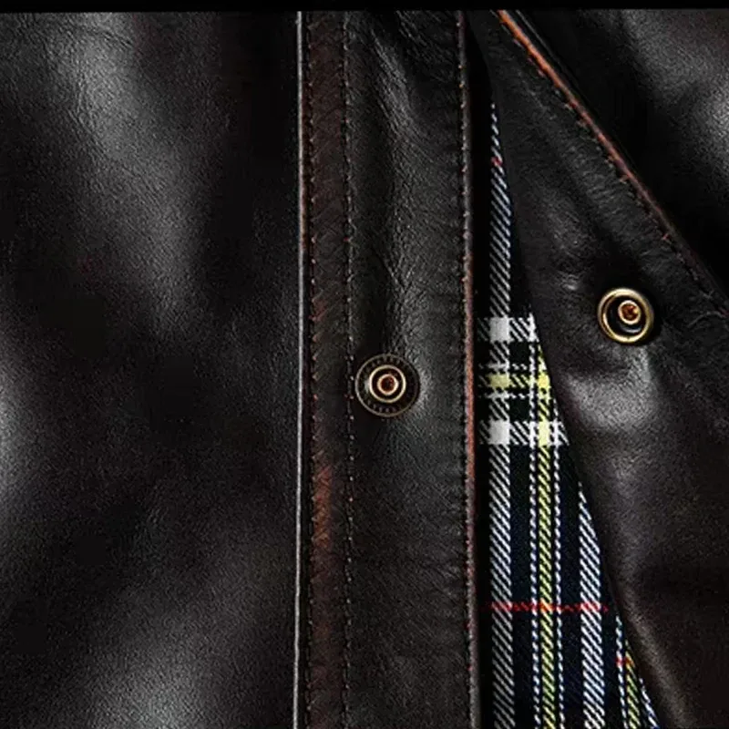 Men’s Tea-Core Horsehide Leather Jacket – Hand-Rubbed Retro Genuine Leather Motorcycle Coat, Short Slim Lapel Biker Jacket - Image 4