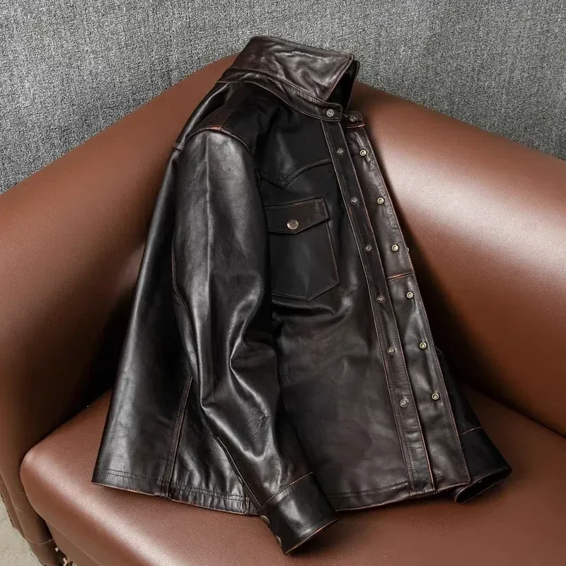 Men’s Tea-Core Horsehide Leather Jacket – Hand-Rubbed Retro Genuine Leather Motorcycle Coat, Short Slim Lapel Biker Jacket - Image 2