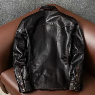 Men’s Tea-Core Horsehide Leather Jacket – Hand-Rubbed Retro Genuine Leather Motorcycle Coat, Short Slim Lapel Biker Jacket