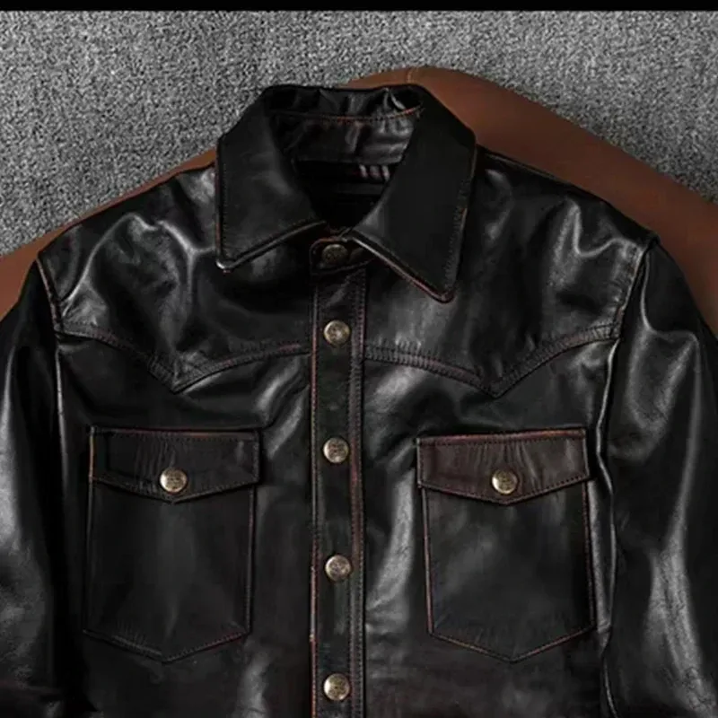 Men’s Tea-Core Horsehide Leather Jacket – Hand-Rubbed Retro Genuine Leather Motorcycle Coat, Short Slim Lapel Biker Jacket - Image 3